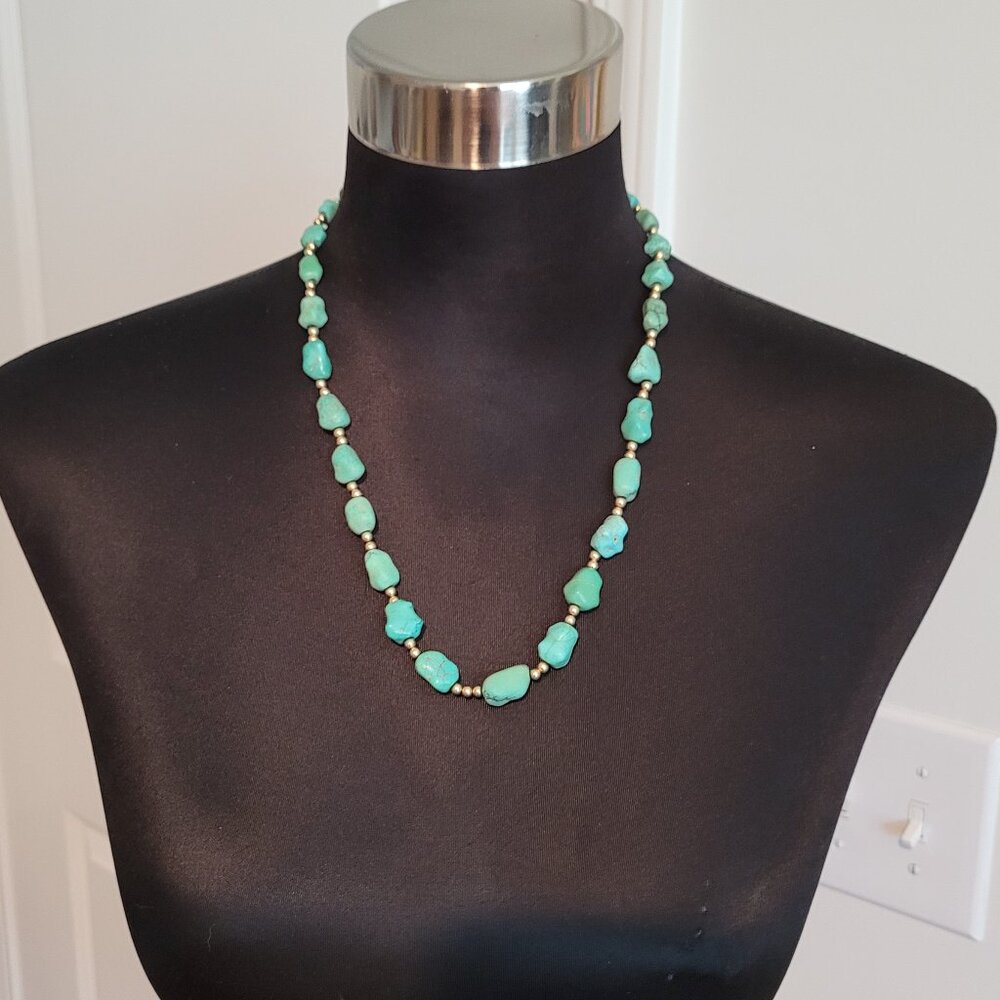 One of a kind Vntg Handcrafted Hand Tumbled Natural Turquoise and gold Necklace